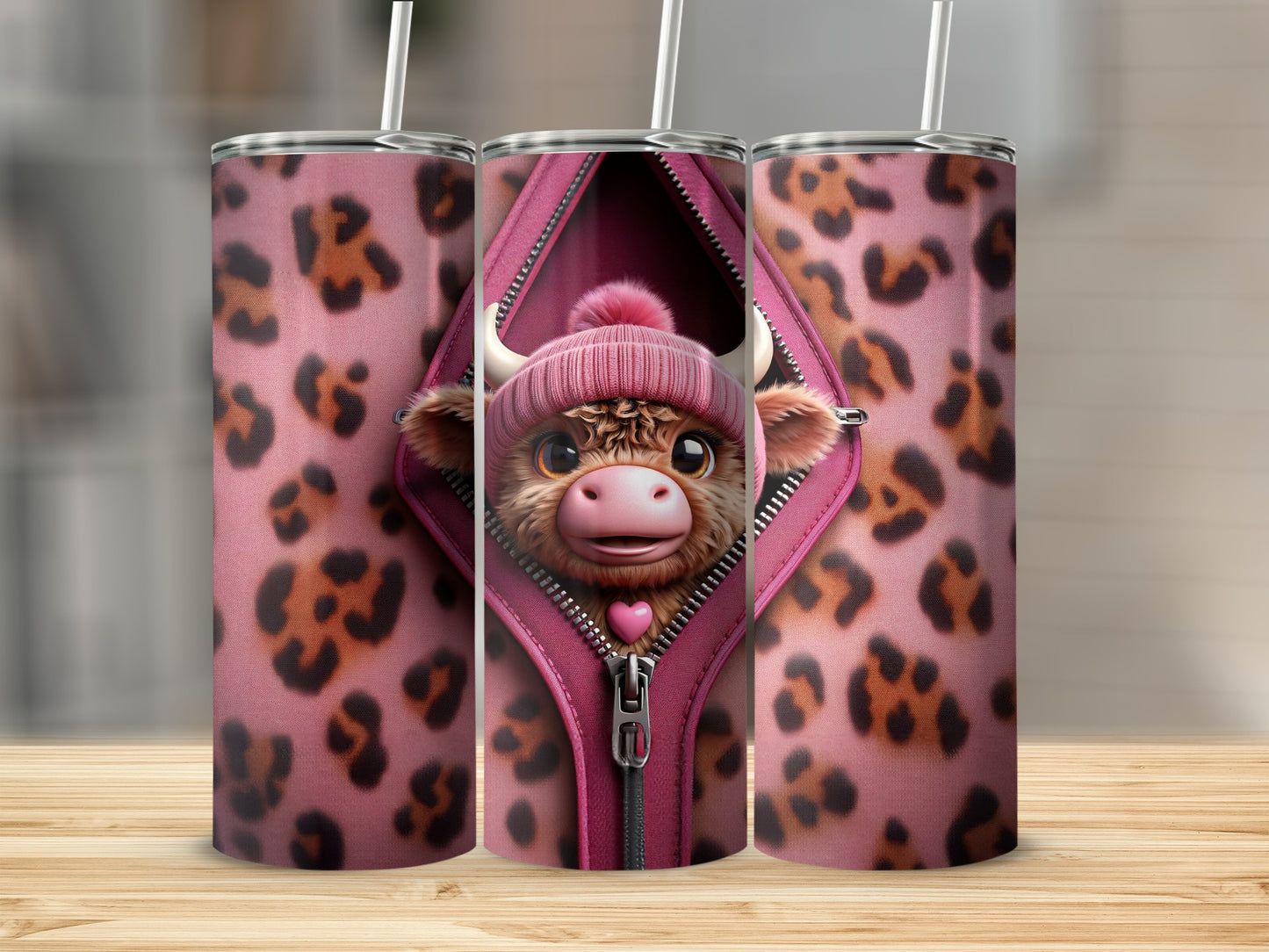 Pink leopard print tumbler with a zipped pocket revealing a cartoon cow wearing a beanie.