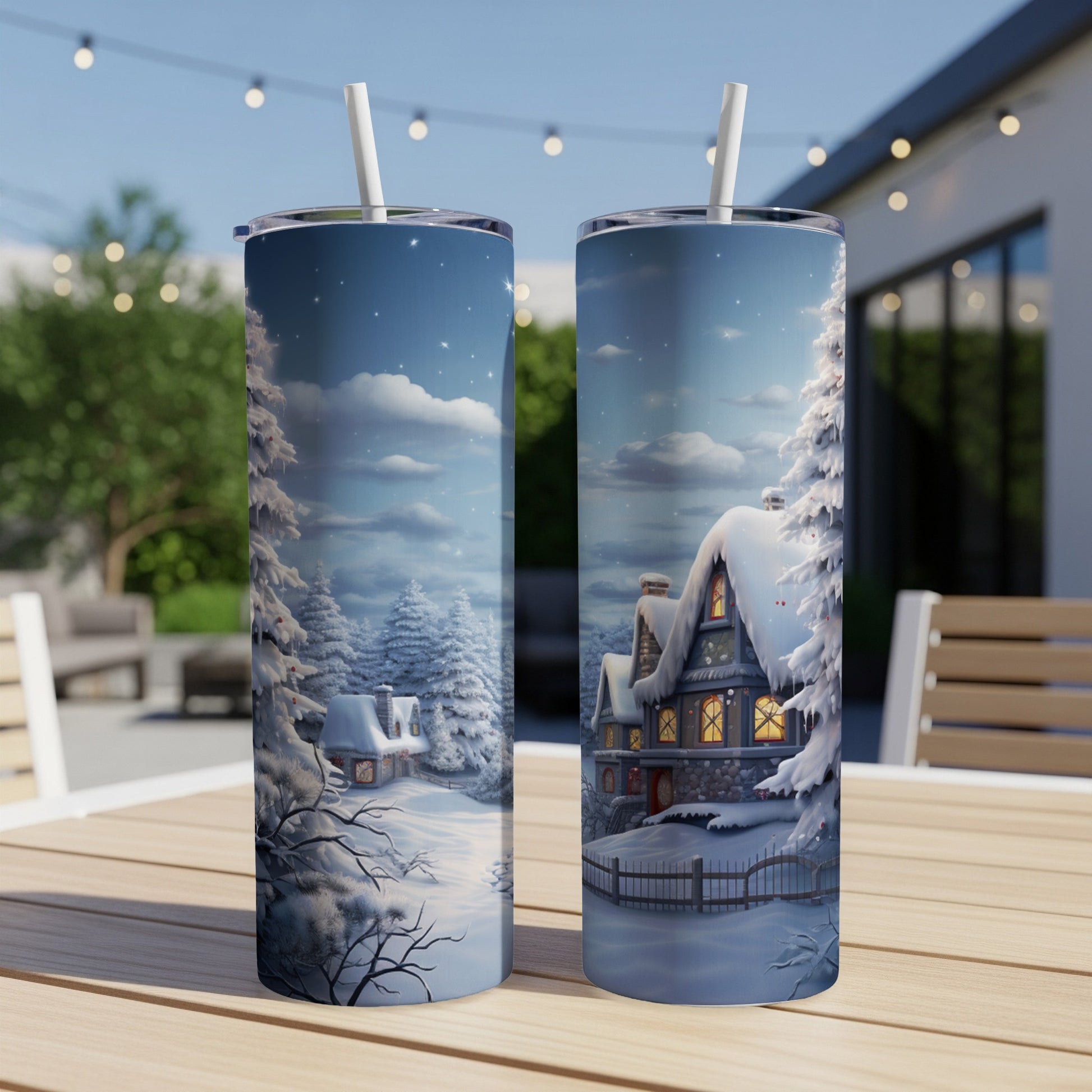 Two tall tumblers featuring a cozy, snow-covered cottage at night.