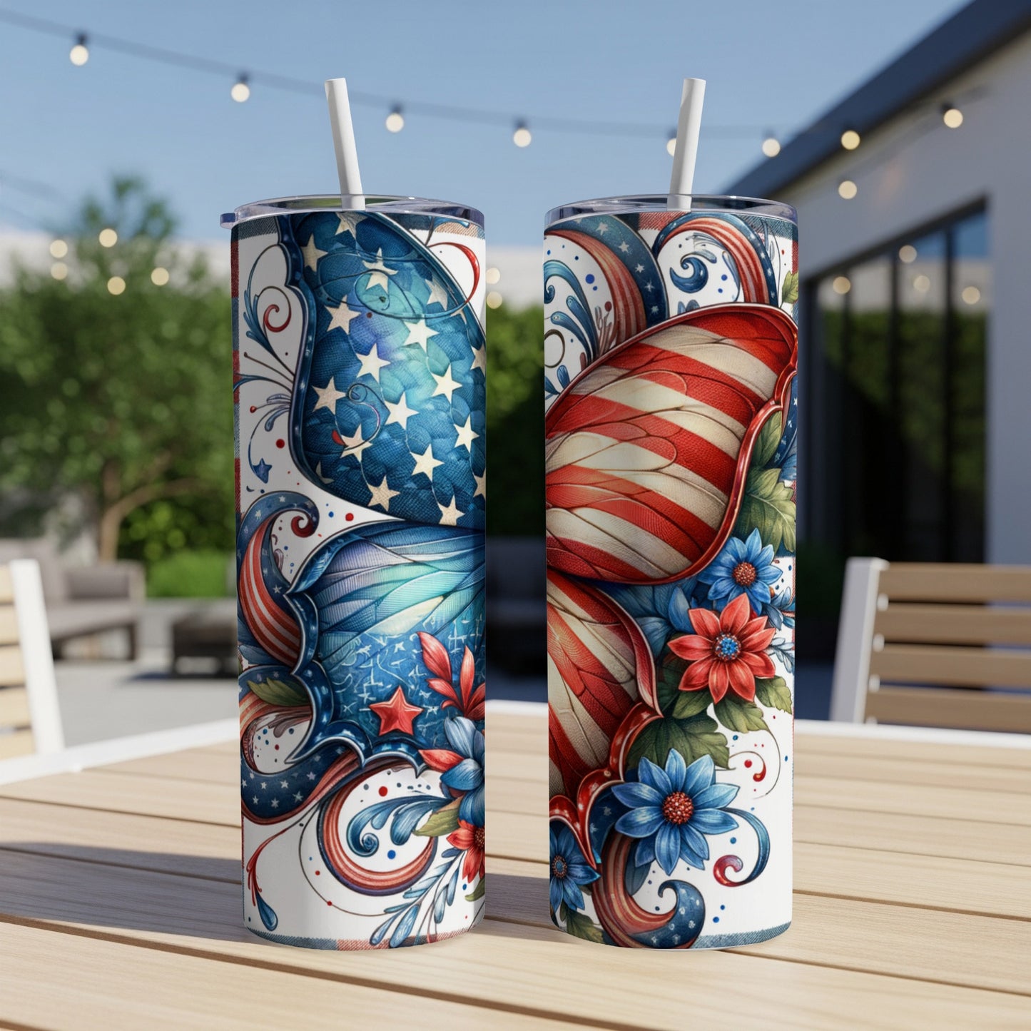 Two patriotic tumblers with stars, stripes, and floral designs.
