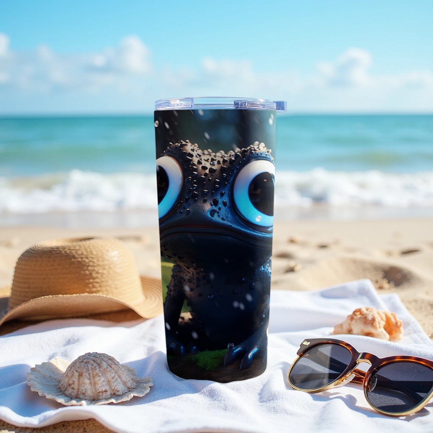 Adorable Big Eyed Blue Creature Tumbler Beach Scene product type
blue eyed creature
cartoon creature
cute creature
frog like design
alien monster art
big eyes character
fantasy animal
unique tumbler design
insulated tumbler
travel mug
drinkware item
beach theme
ocean inspired
summer accessory
vacation vibes
sand beach scene
portable beverage
novelty gift
cute design
adventure drinkware