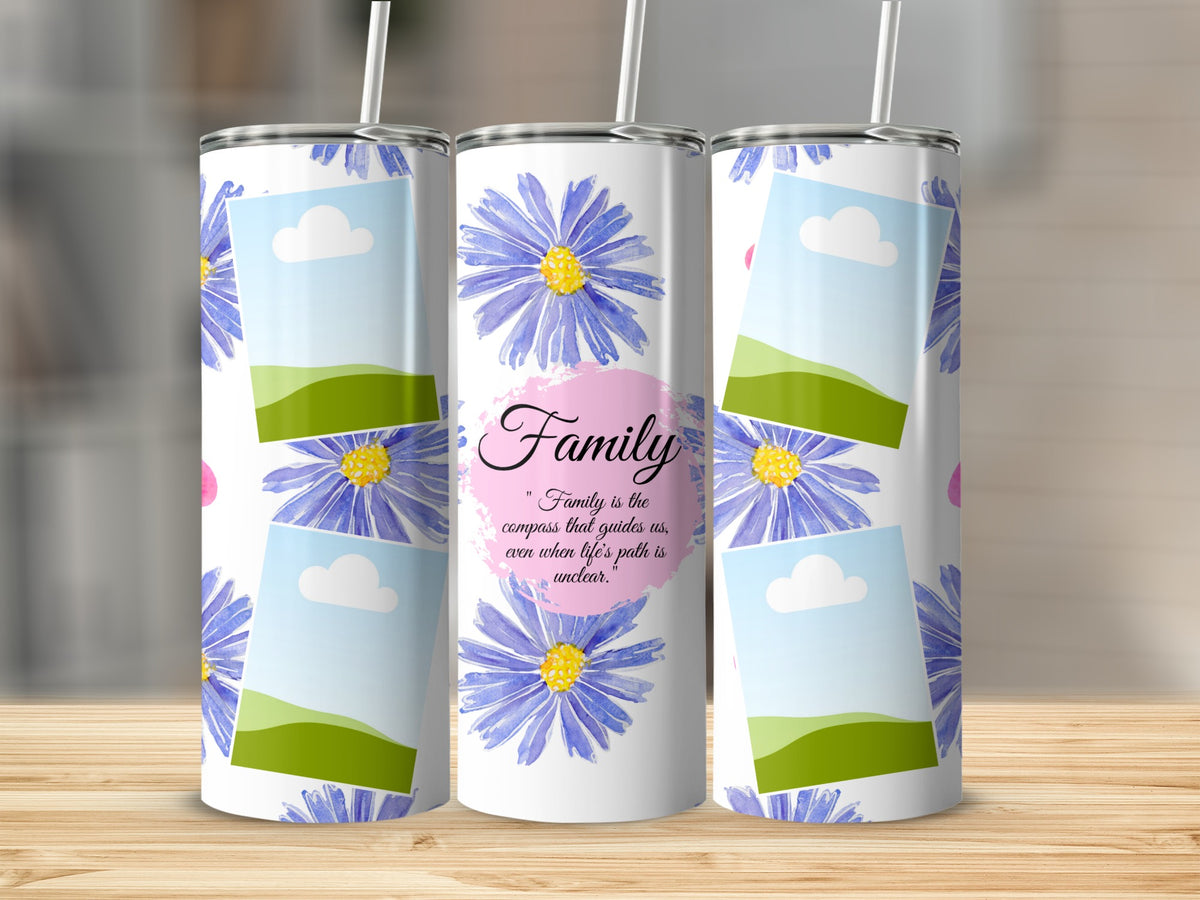 Tumbler with purple flowers, photo frames, and the quote "Family is the compass that guides us".