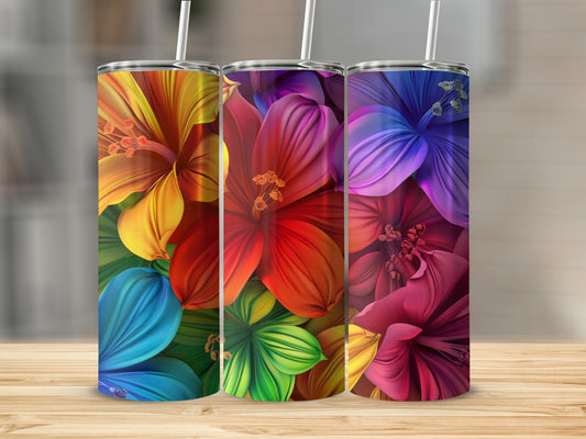 Three tumblers with vibrant, abstract floral designs.