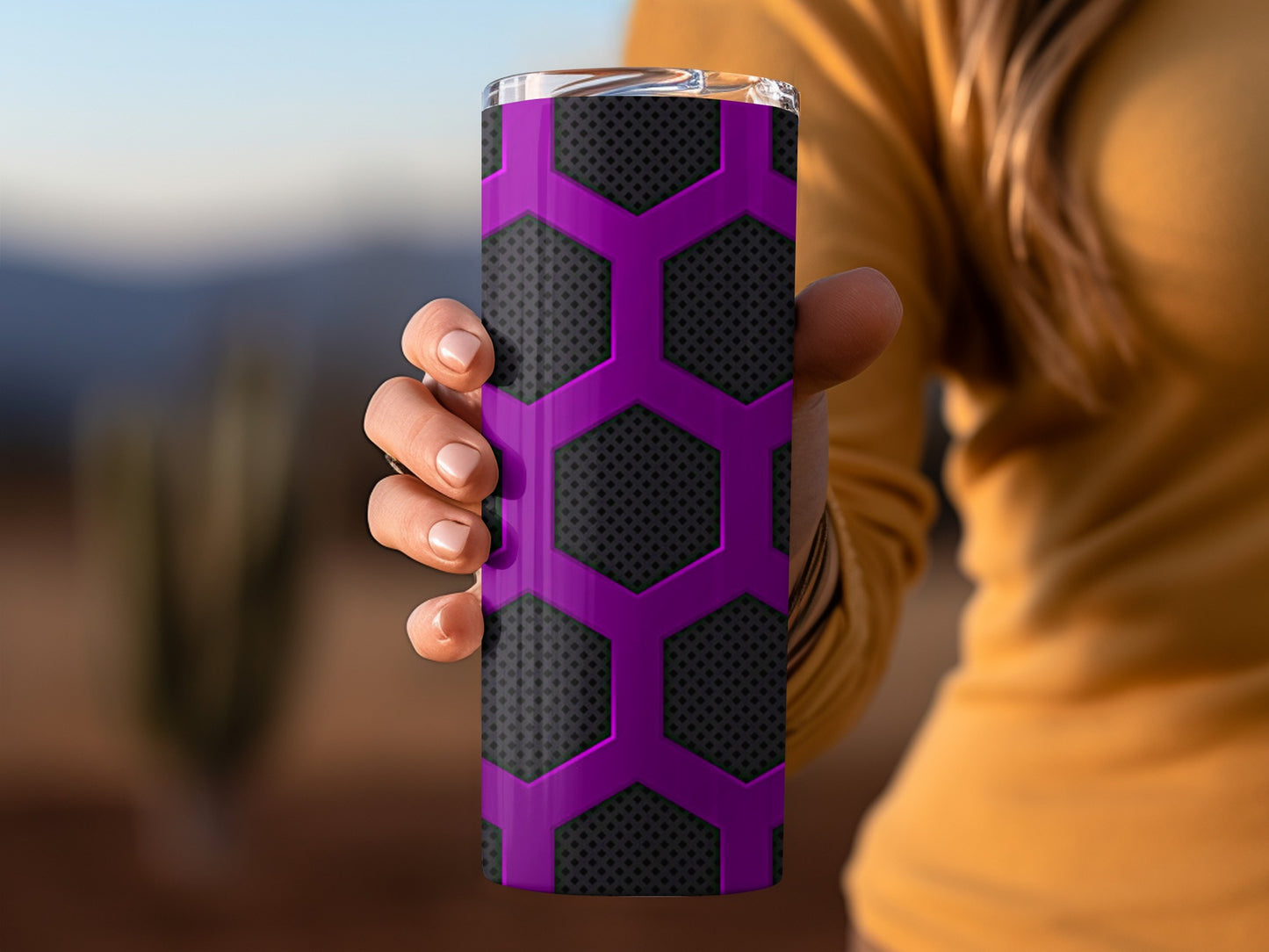 Purple Hexagon Black Patterned Background Design Tumblers