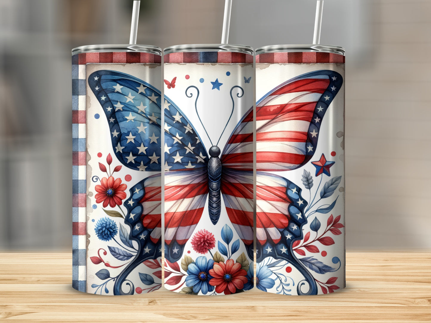 Red, white, and blue butterfly tumbler with flowers and checkered pattern.