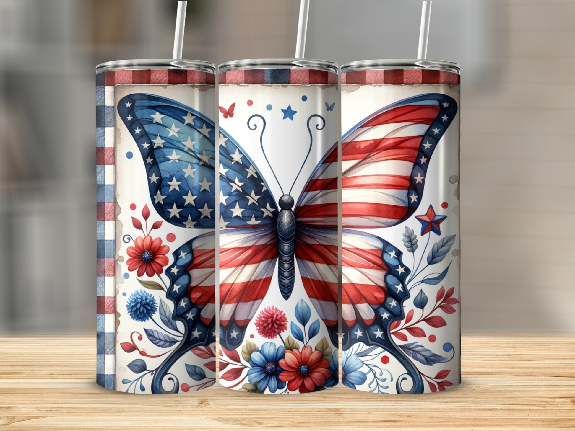Red, white, and blue butterfly tumbler with flowers and checkered pattern.