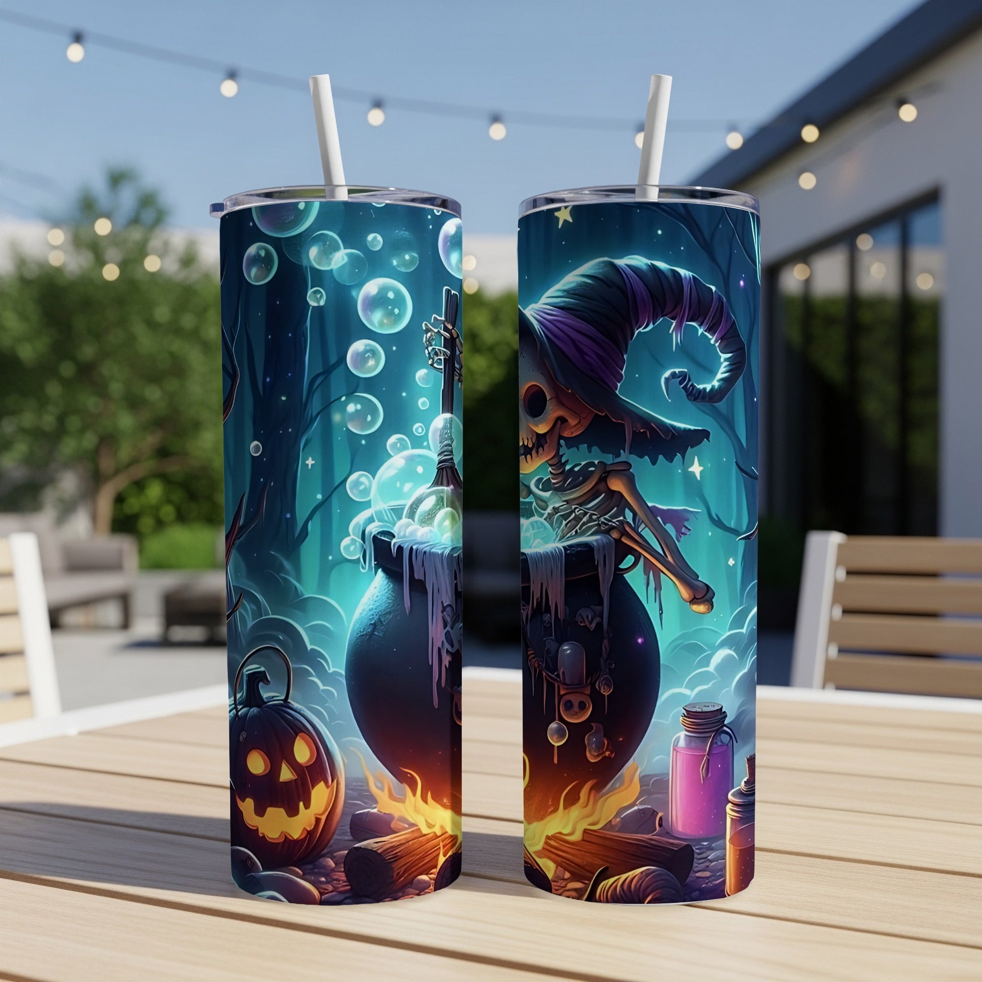 Two tumblers with Halloween designs, featuring a skeleton witch and bubbling cauldron.