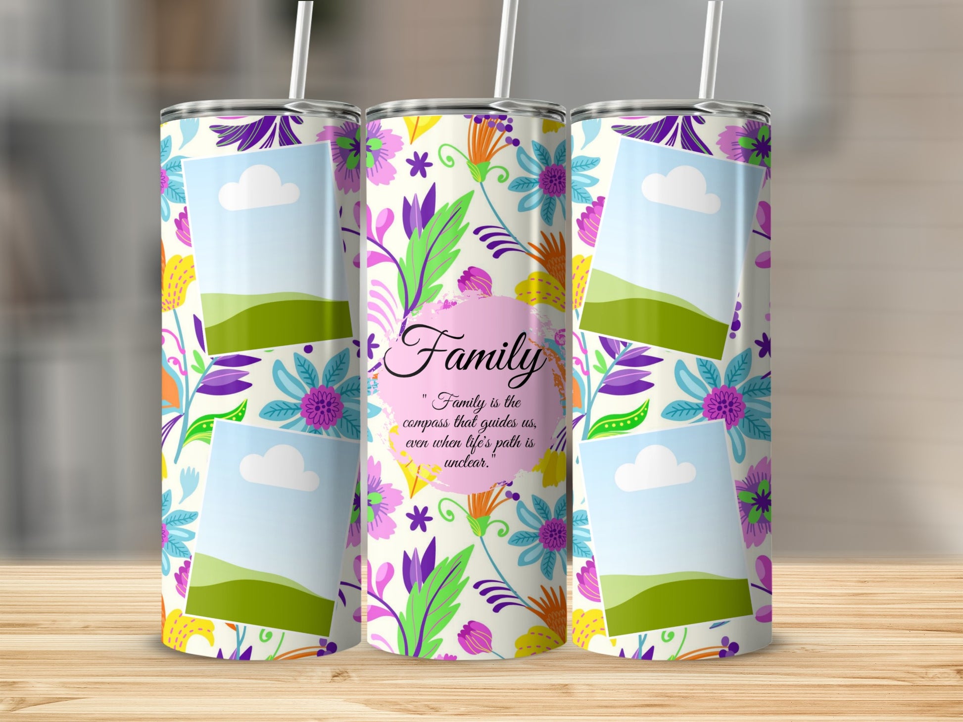 Three tumblers with floral pattern and quote: "Family is the compass that guides us."