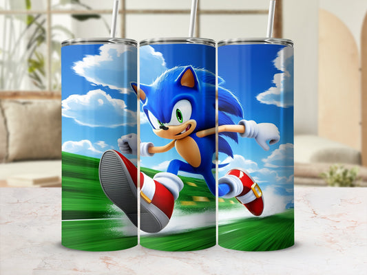Sonic the Hedgehog running at high speed on a green track.