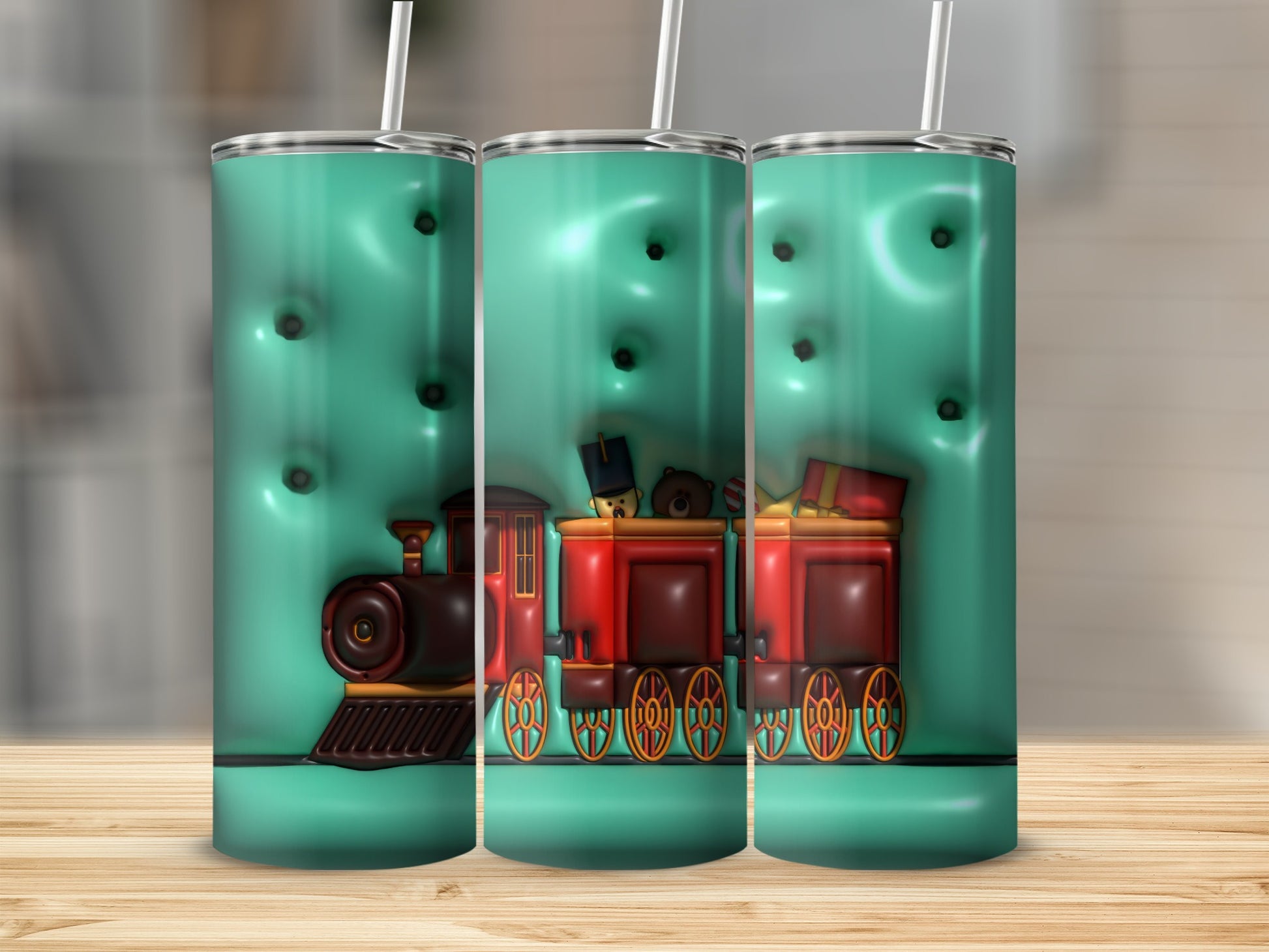 Vintage Toy Train Design Turquoise Tumbler Cup Product