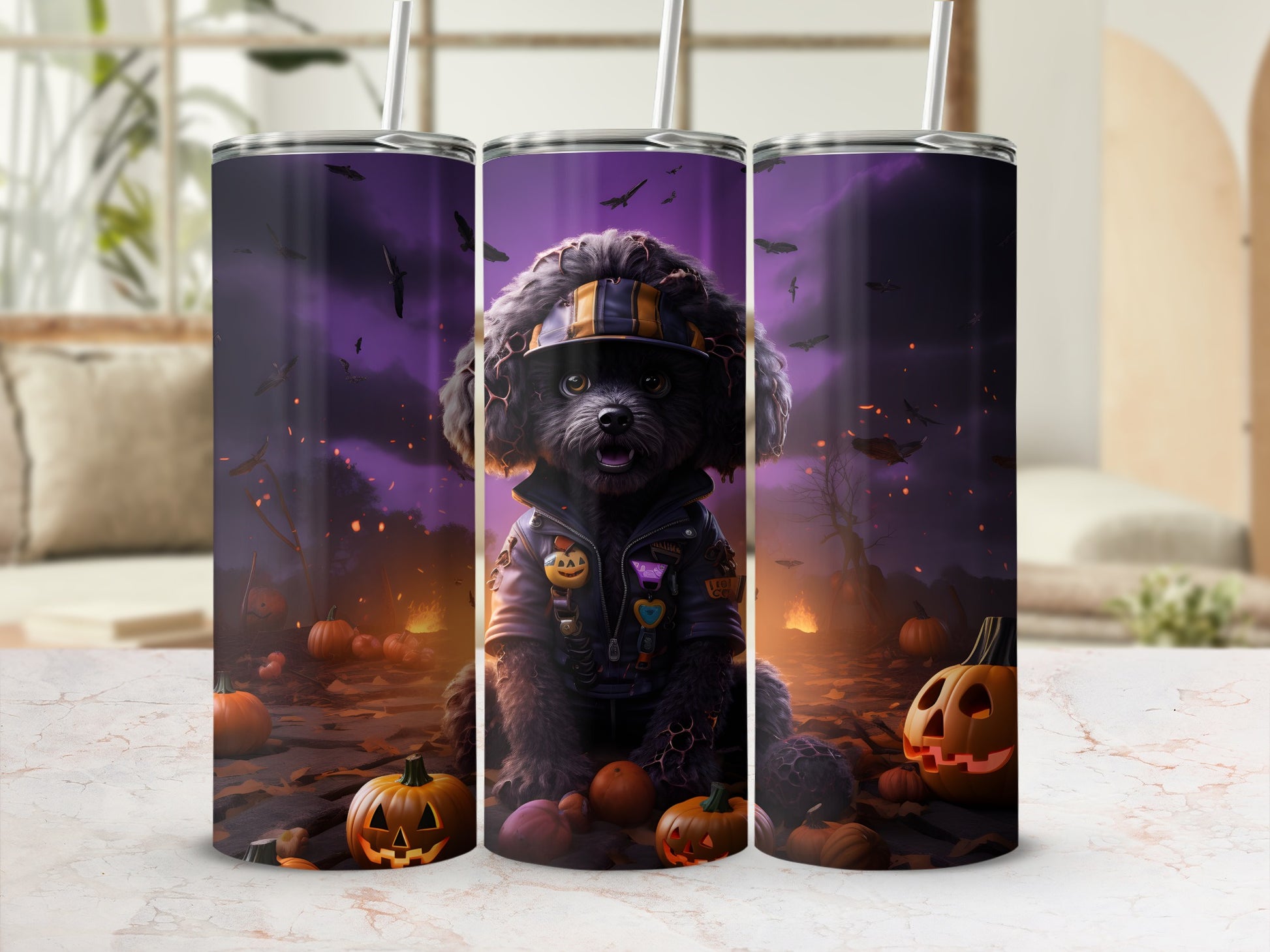 Black poodle in a jacket and hat with Halloween pumpkins and bats.