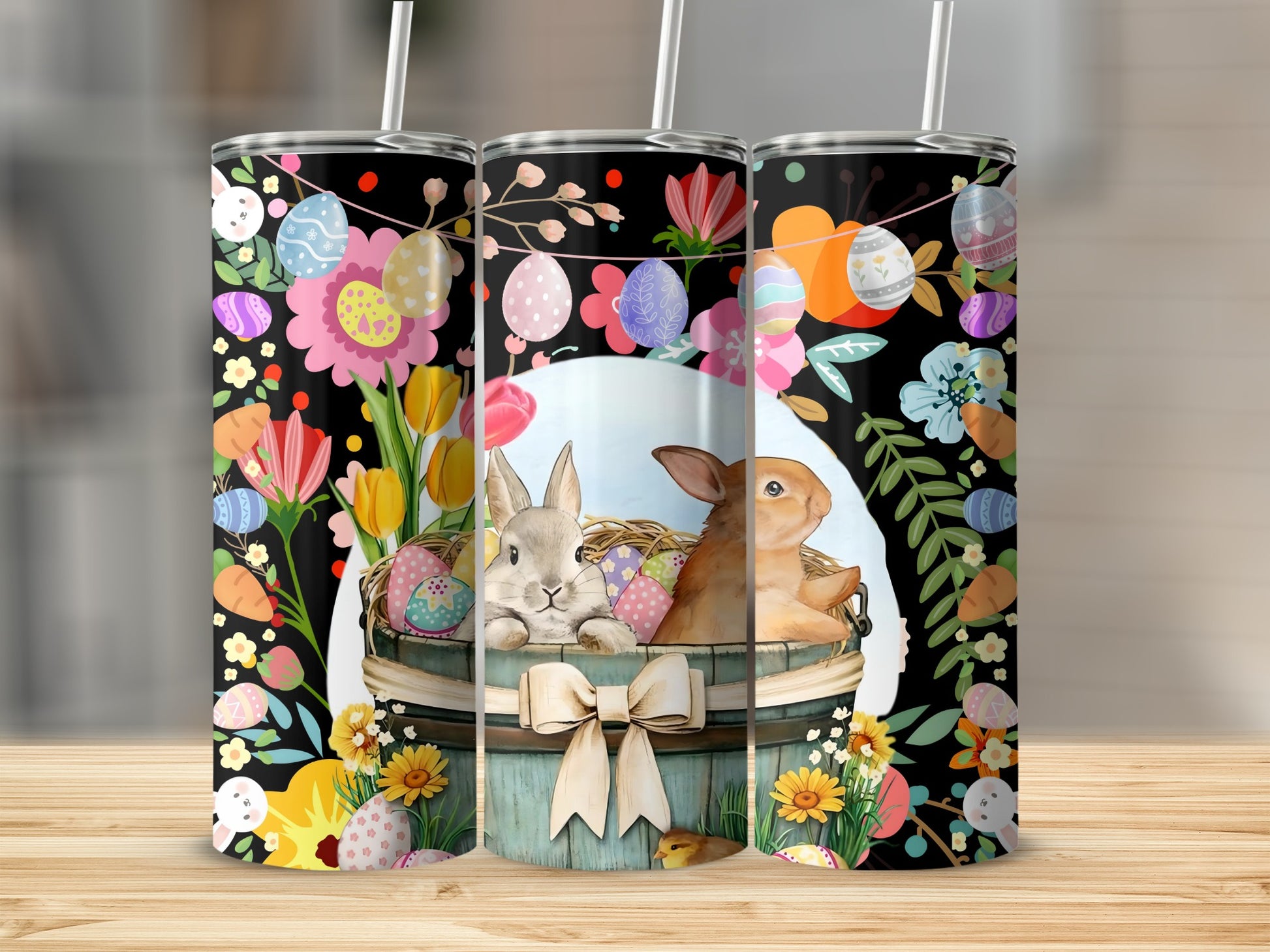 Colorful Easter Bunny Floral Pattern Tumbler Cup