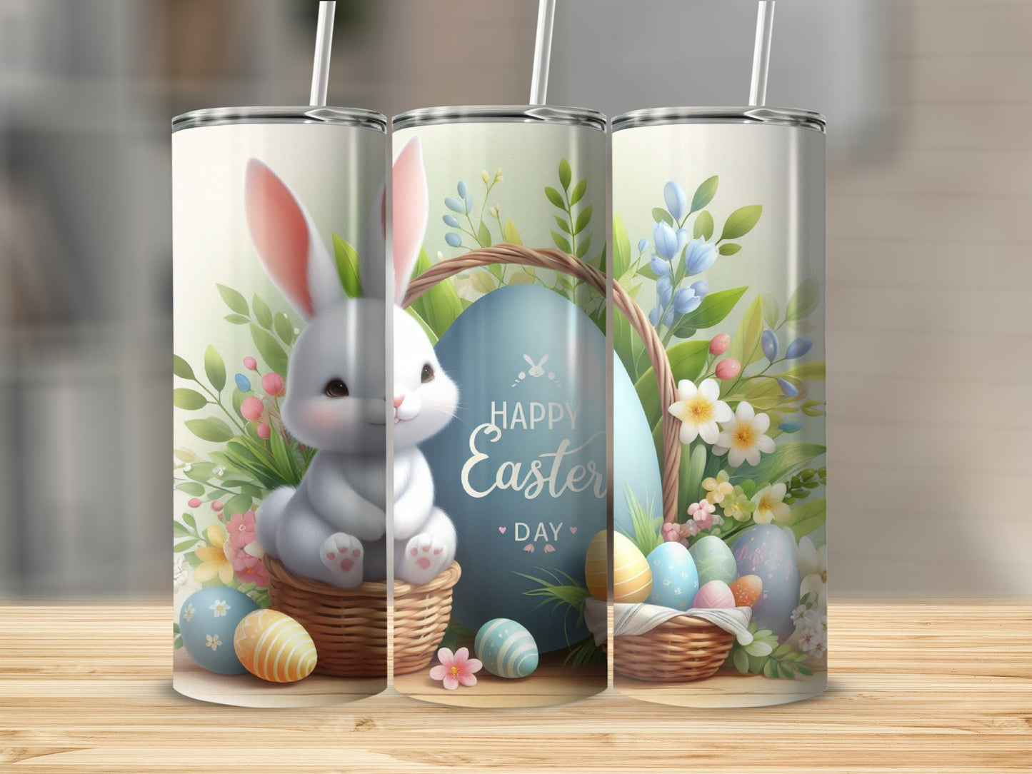 Easter bunny and eggs in baskets with "Happy Easter Day" text.