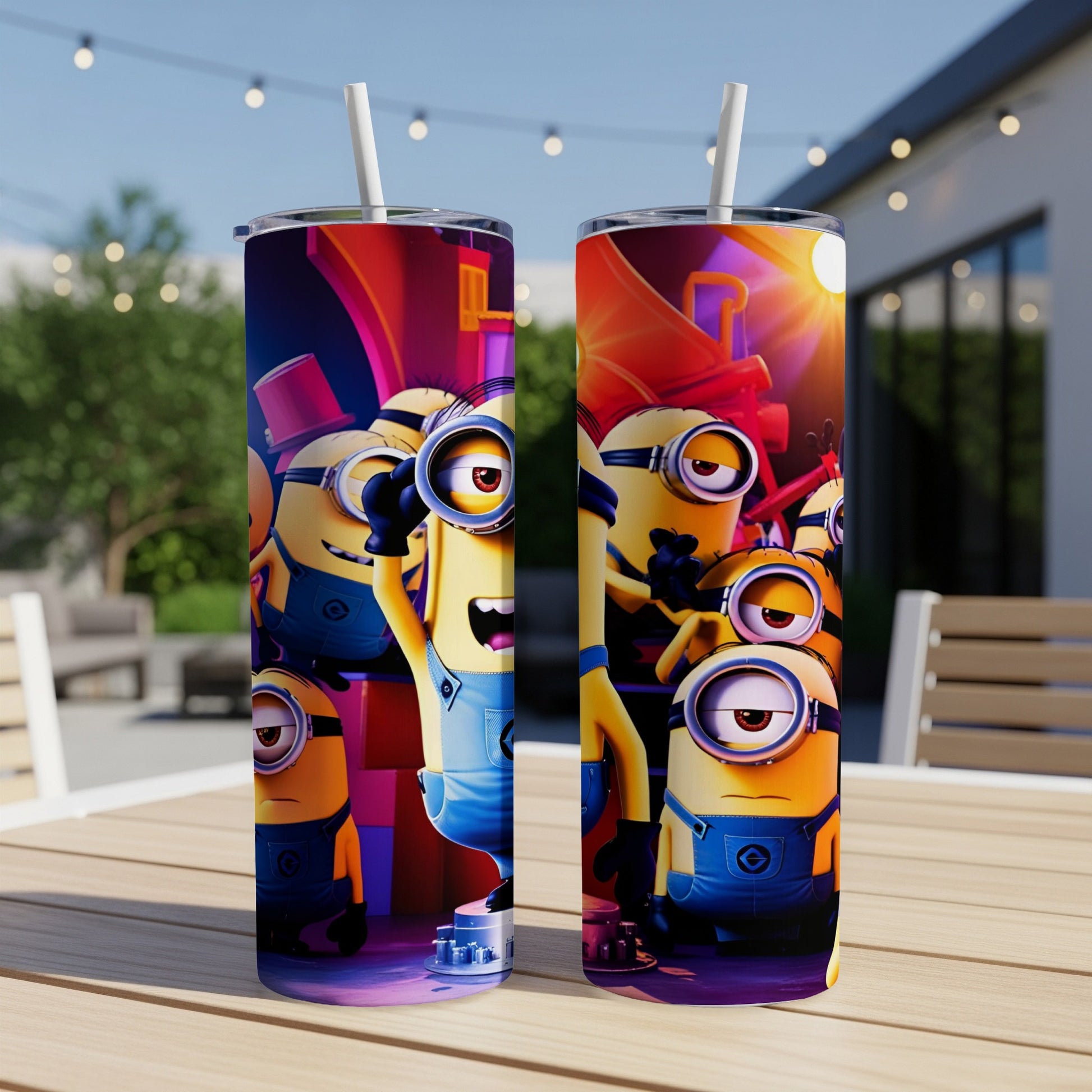 Two Minions tumblers with colorful cartoon characters displayed outdoors on a table.
