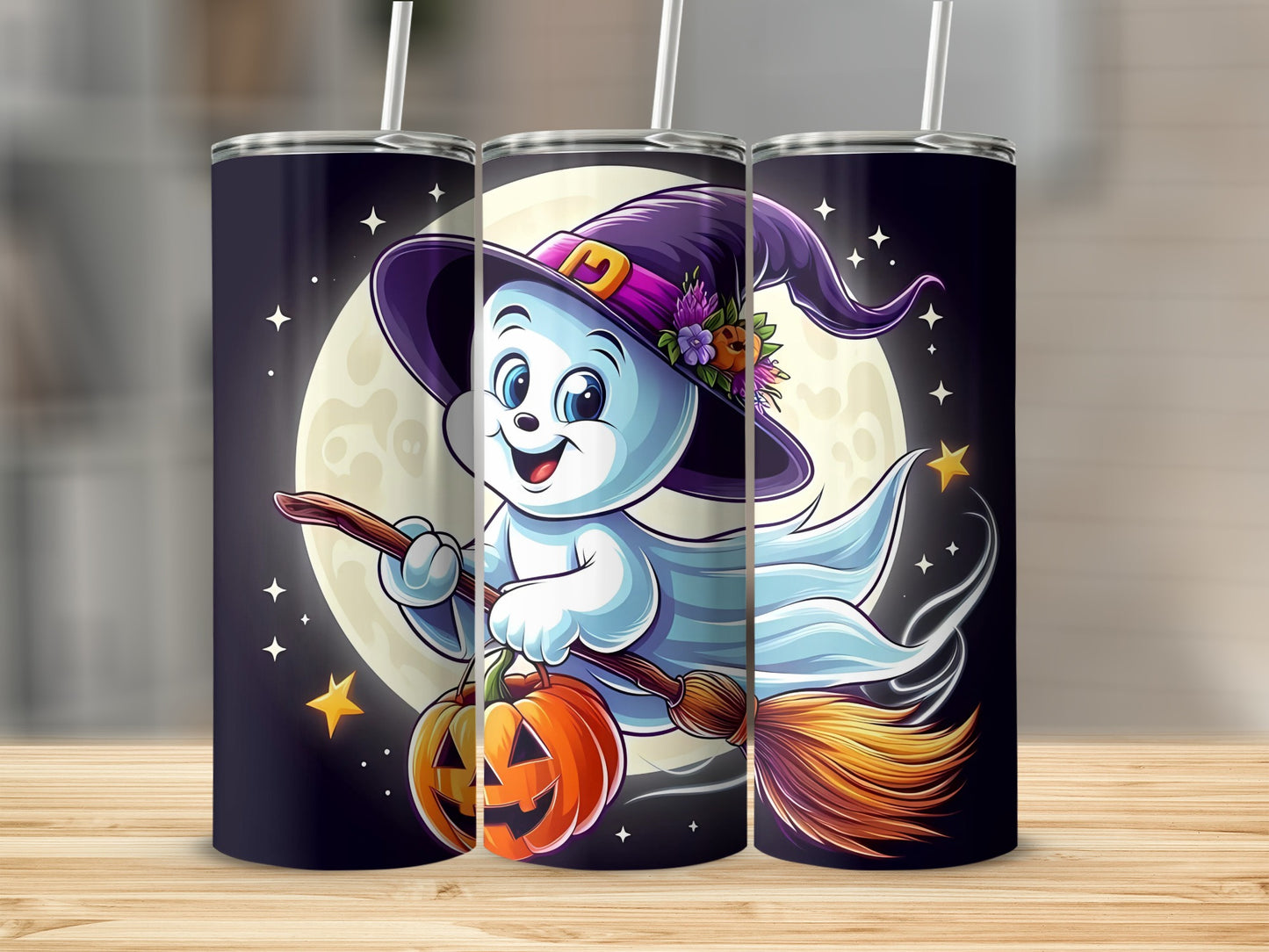 Ghost on a broomstick with a pumpkin under a full moon.