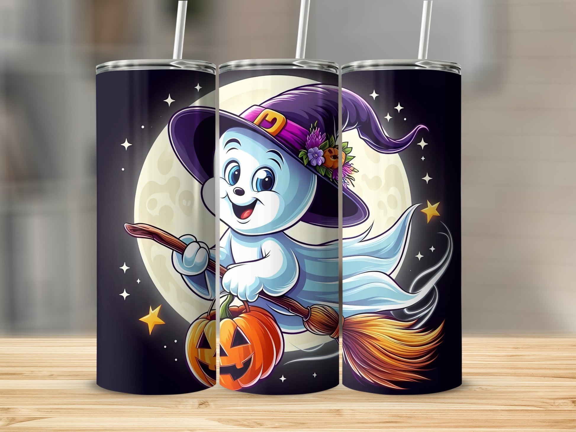 Ghost on a broomstick with a pumpkin under a full moon.