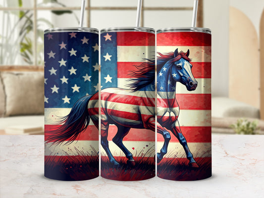 Patriotic horse with American flag design on a tumbler.