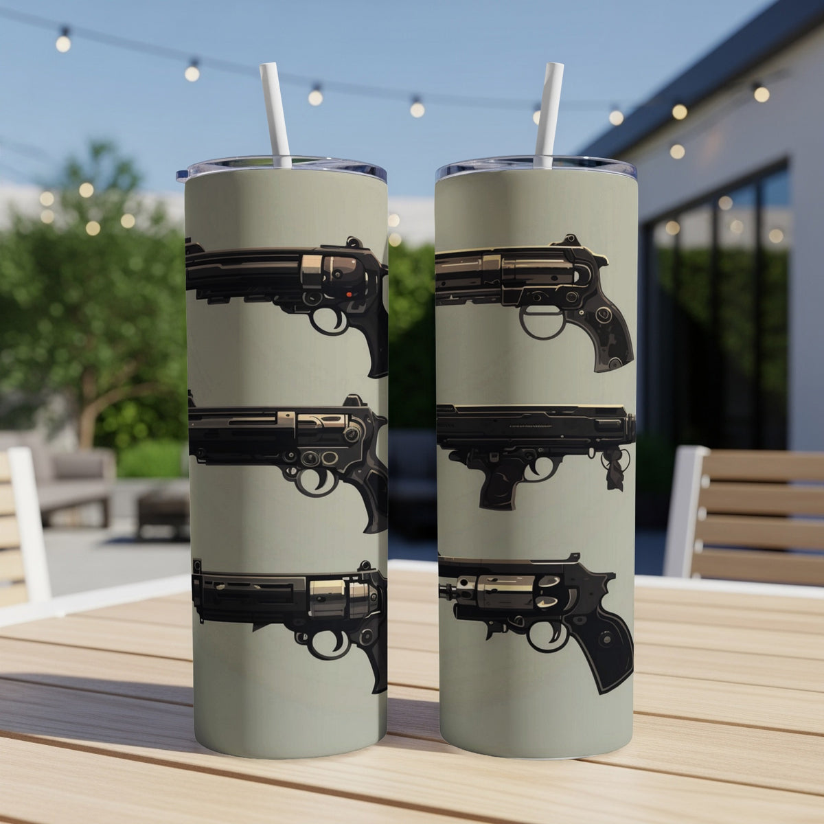 Two tumblers with repeating firearm designs, featuring revolvers and pistols.