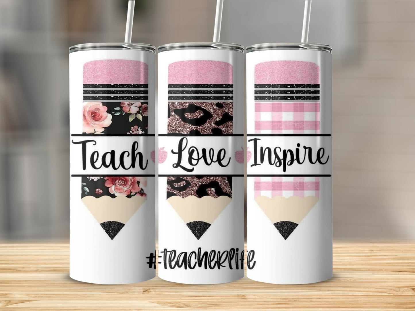 Teach Love Inspire Floral and Leopard Print Tumblers
