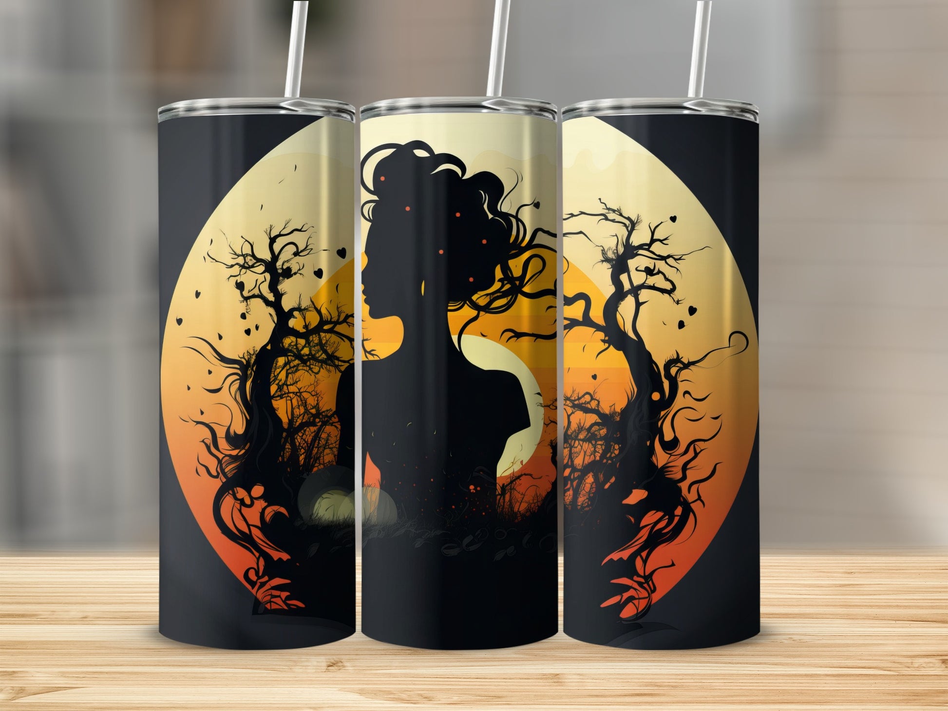 Three tumblers with a silhouette of a woman's head against a moonlit, spooky forest background.