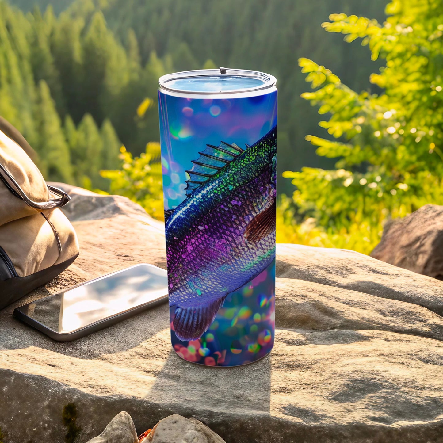 Tumbler with colorful fish design next to phone and backpack.