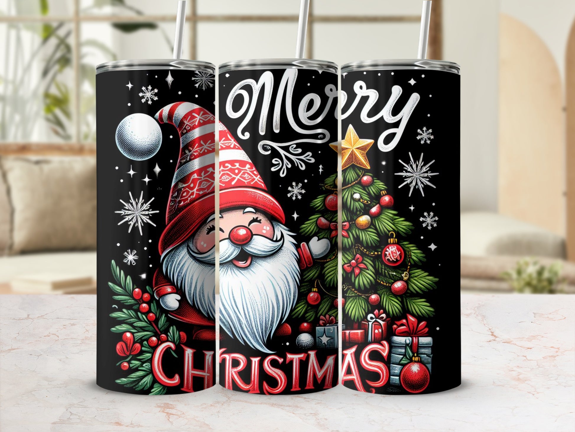 Black tumbler with Santa gnome, Christmas tree, gifts, and "Merry Christmas" text.