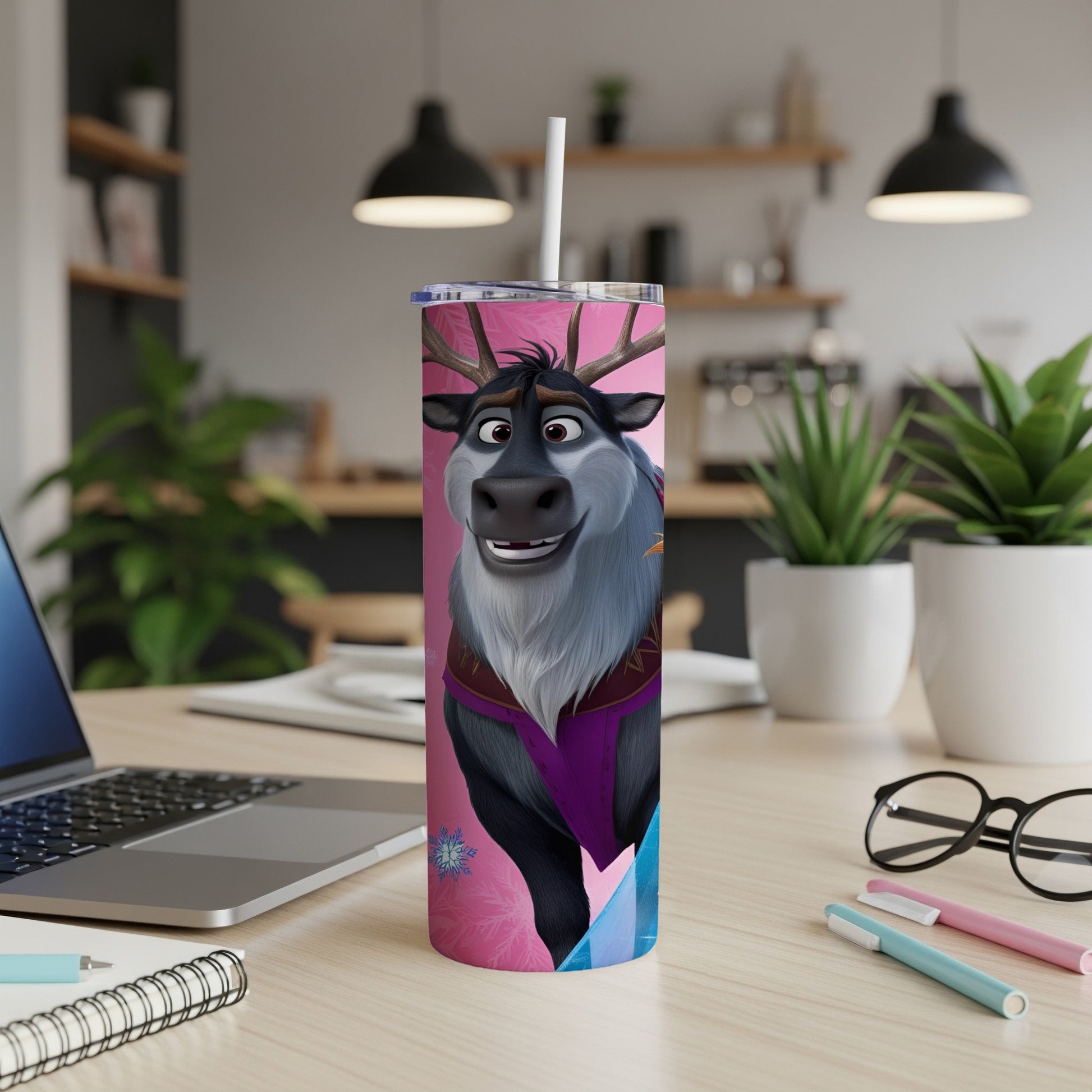 Sven the reindeer from Frozen on a pink and blue tumbler.
