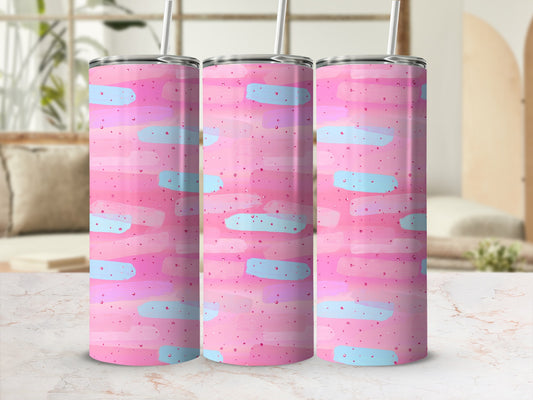 Three pink tumblers with pastel blue and pink brush strokes.
