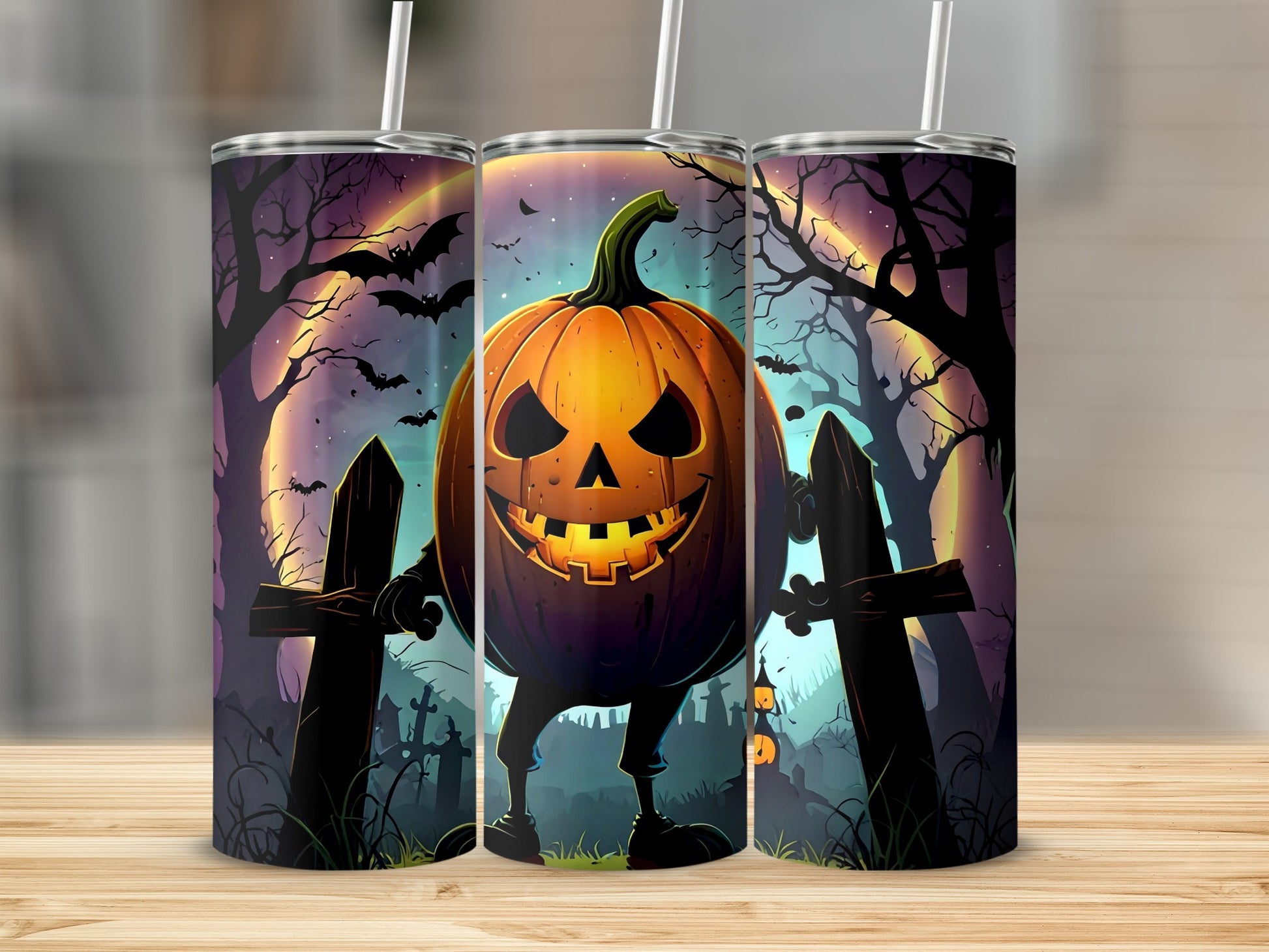 Halloween Pumpkin with Graveyard Scene Tumbler Product