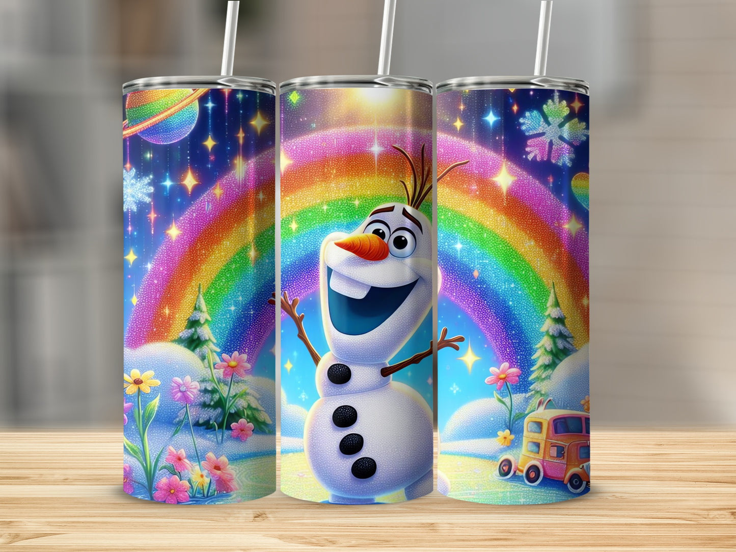 Colorful Snowman Print with Rainbow Background Tumbler