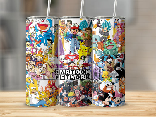 Colorful Cartoon Characters Collage Design Tumbler Flask