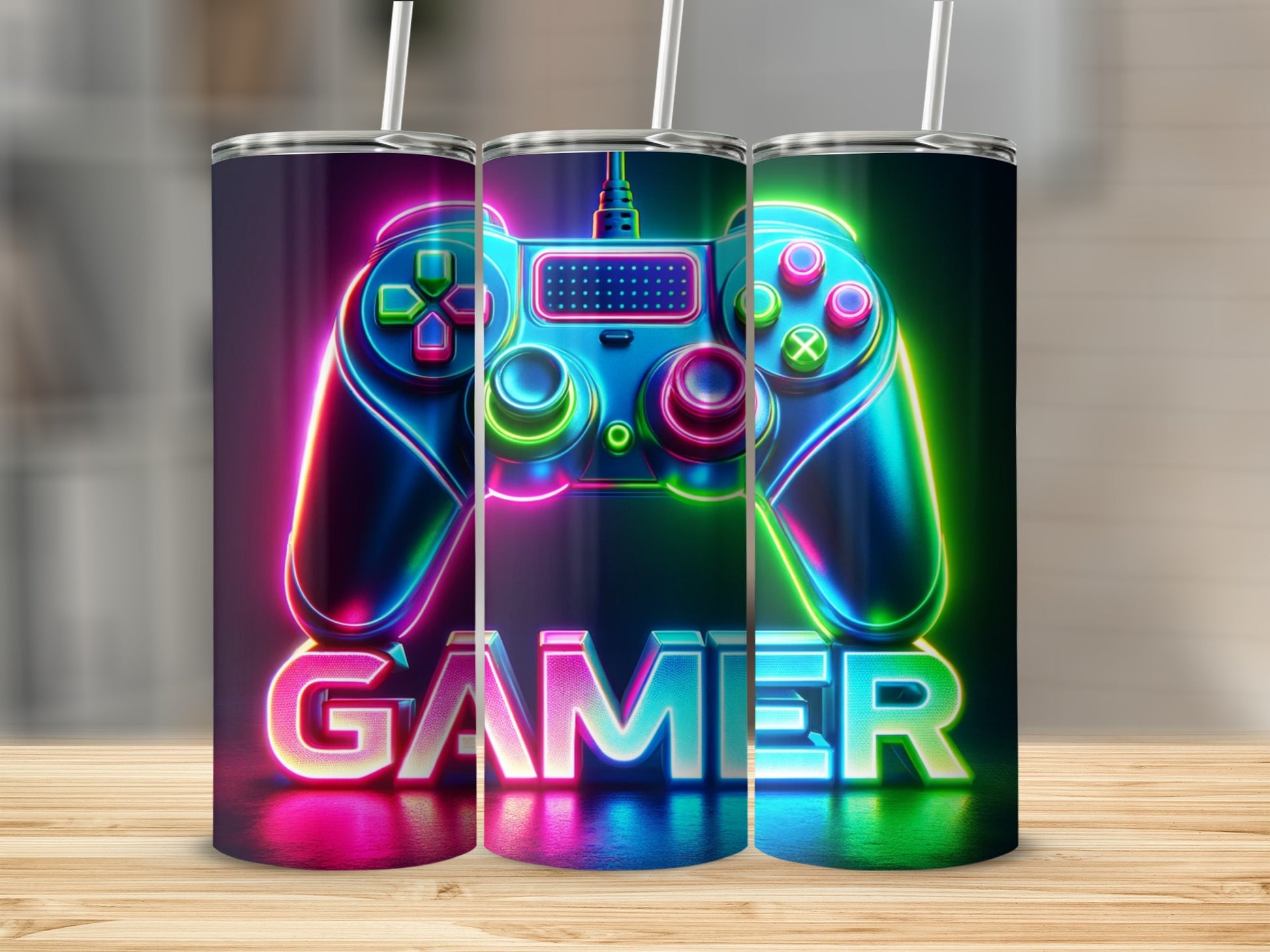 Neon gamer controller with "GAMER" text and straws on a wooden surface.