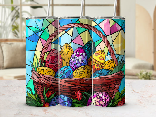 Easter basket with colorful stained glass-style eggs and tulips.