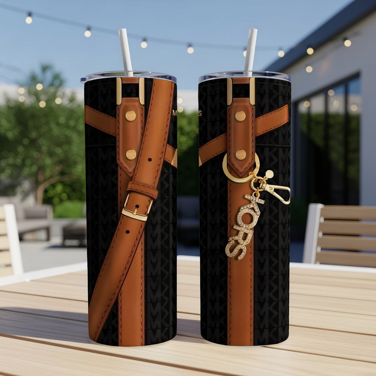 Two tumblers with black background, brown straps, and gold hardware, one with a "KORS" charm.