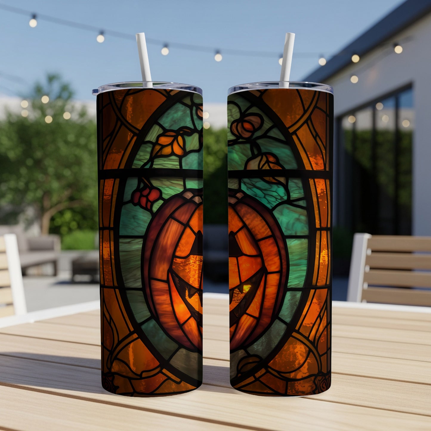 Two tumblers with stained-glass Halloween pumpkin design.