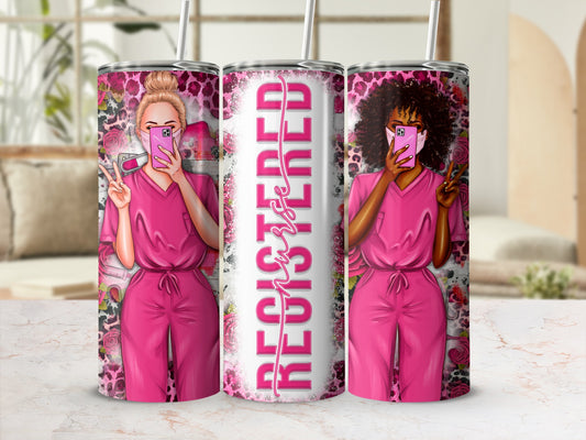Two nurses in pink scrubs holding phones, one wearing a mask.