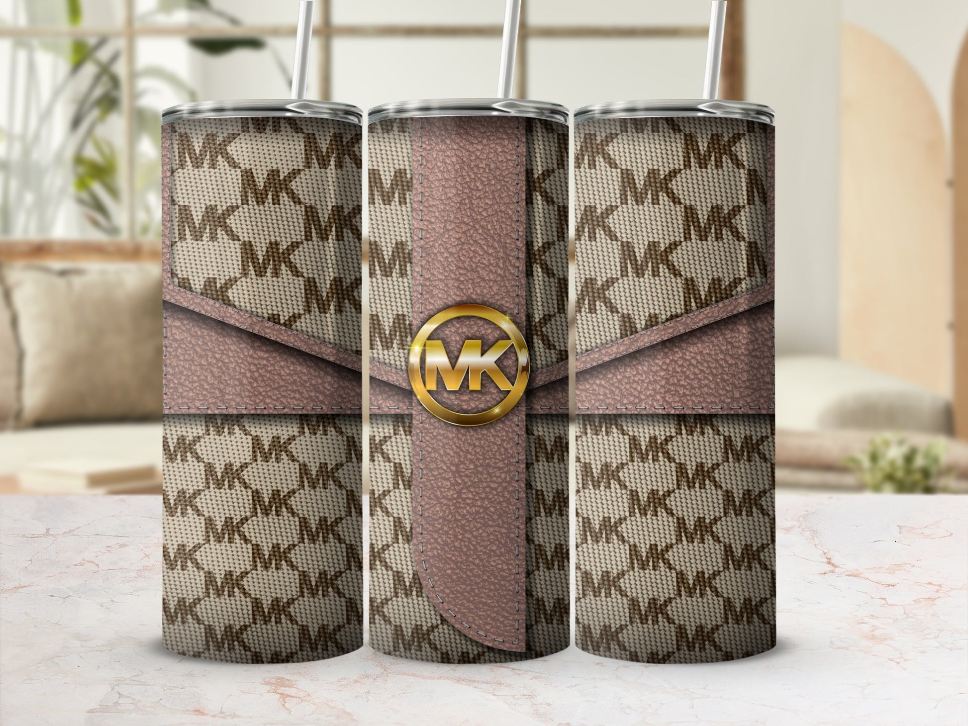 Monogrammed Patterned Tumbler with Gold Emblem Design