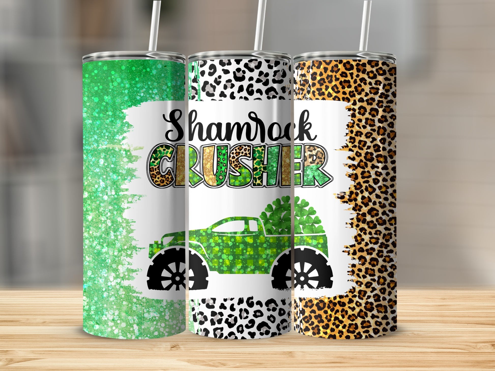 Green glitter and leopard print tumbler with a monster truck design.