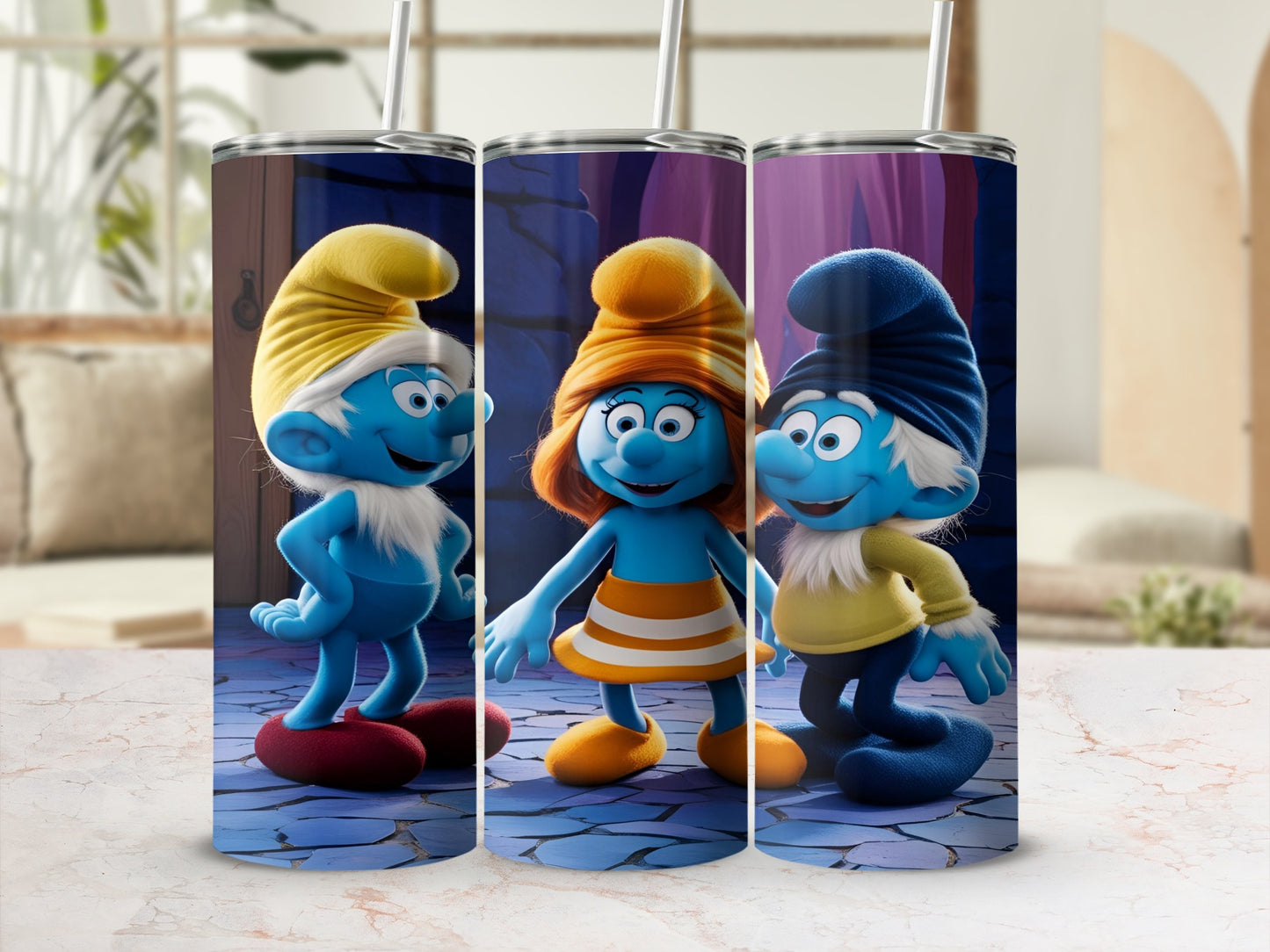 Smurfs characters on a tumbler with a patterned background.