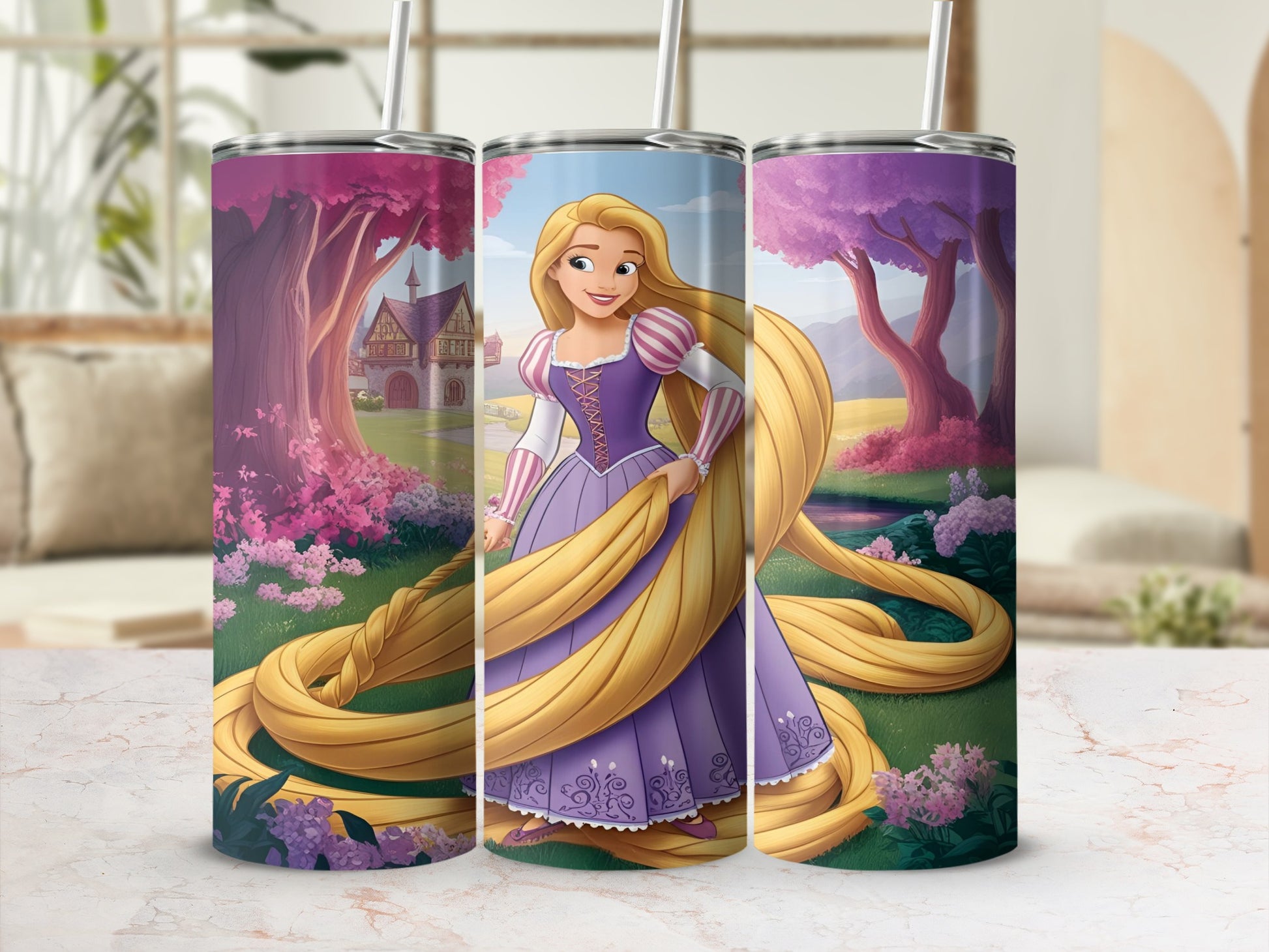 Rapunzel with long blonde hair and purple dress on a colorful background.