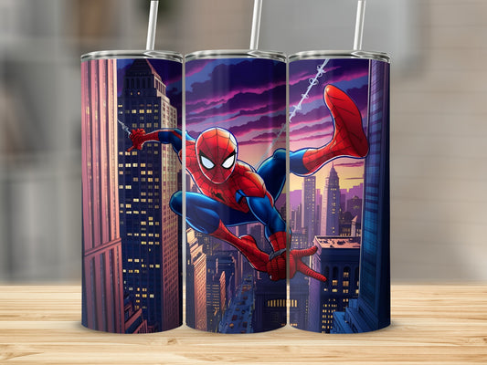 Spider-Man swings through a city at sunset on a tumbler.
