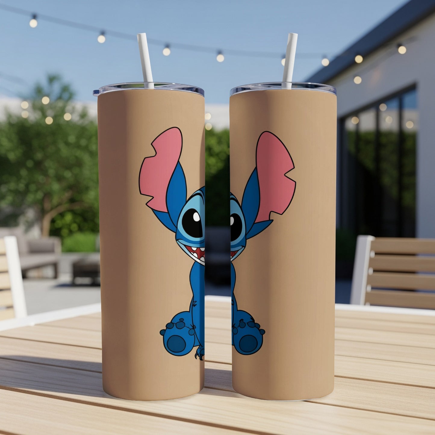 Two tall, tan tumblers featuring Stitch from Disney's Lilo & Stitch.