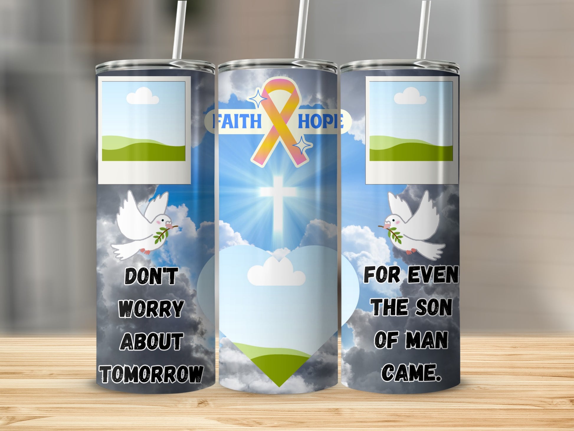 Triptych of tumblers with religious and inspirational text and imagery.