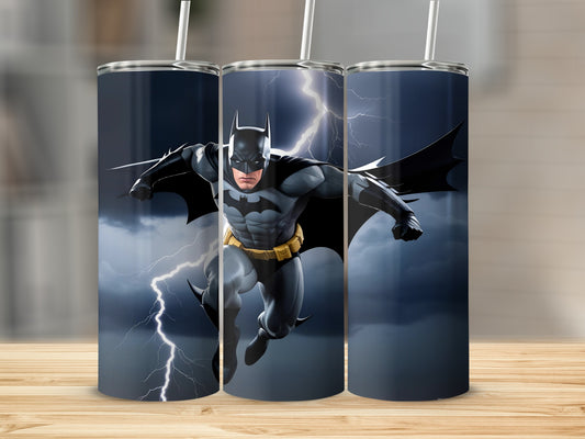 Batman in a dynamic pose against a stormy, lightning-filled sky.