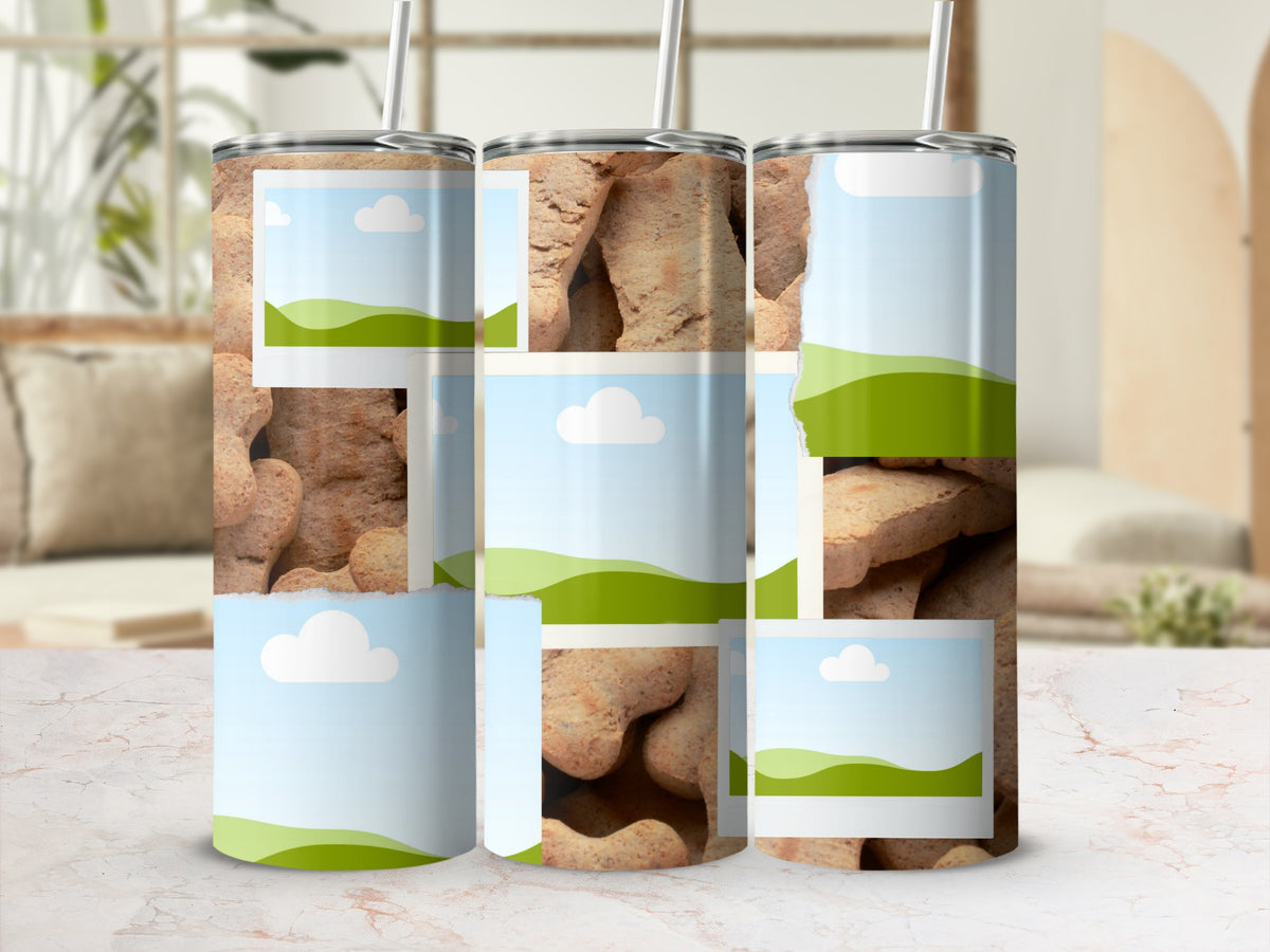 Three tumblers with a pattern of dog treats and sky with clouds.