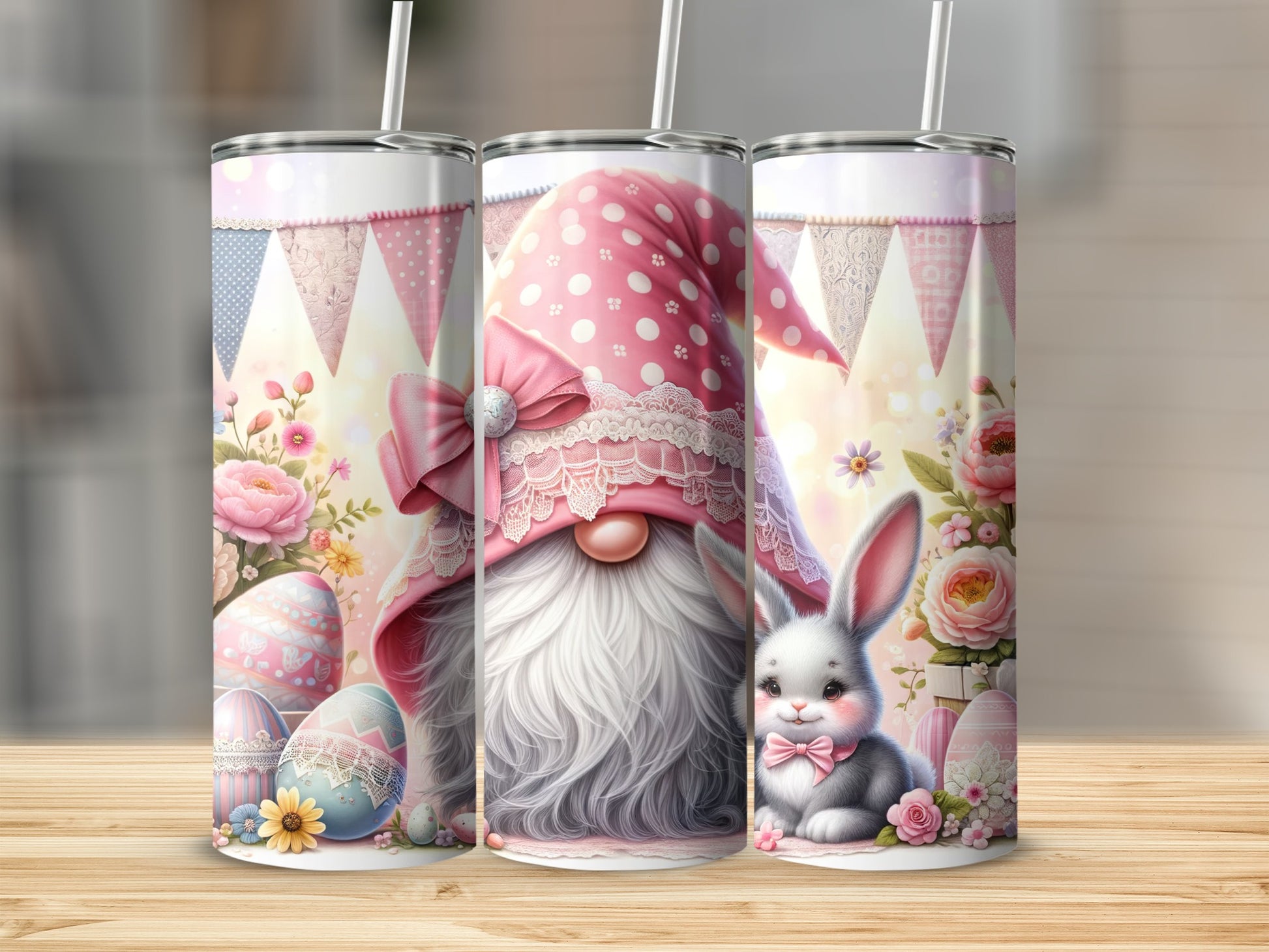 Easter gnome with pink hat and bunny, surrounded by floral decorations.
