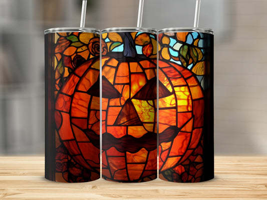 Three tumblers featuring a stained-glass jack-o'-lantern design.