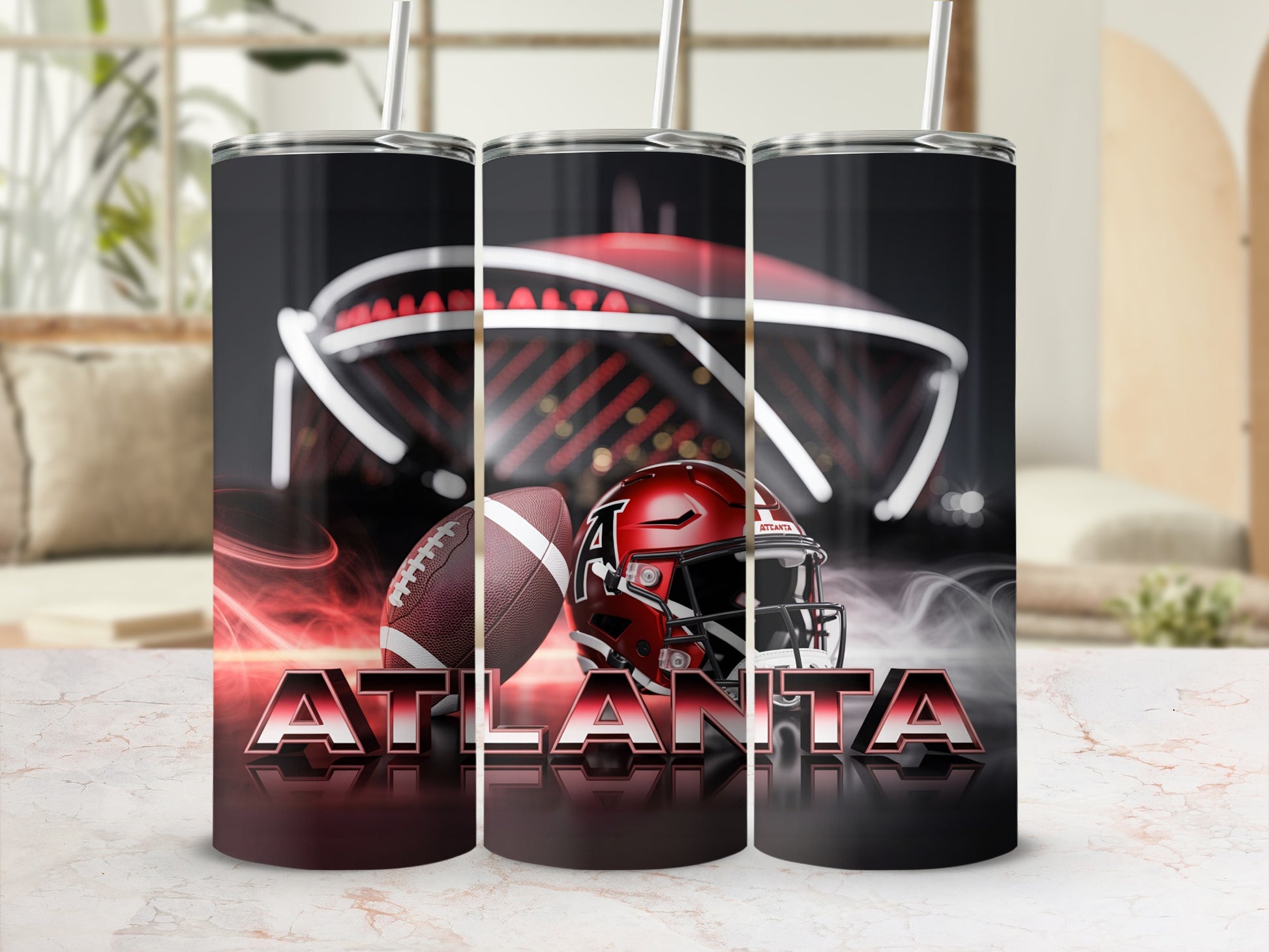 Atlanta Falcons football helmet and ball on a black background with stadium lights.
