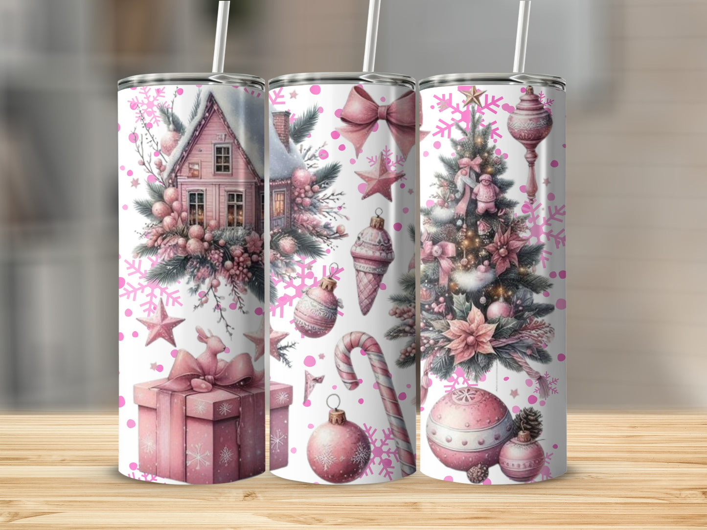 Pink Christmas Holiday Tumbler Featuring Festive Designs