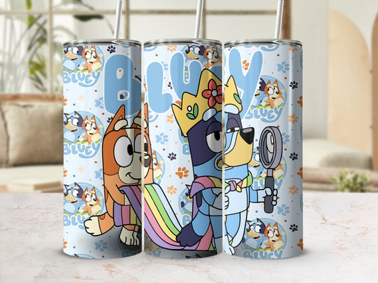 Bluey and Bingo characters on a tumbler with rainbow and magnifying glass.