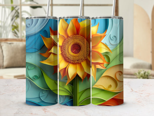 Sunflower tumbler with textured background and straw.